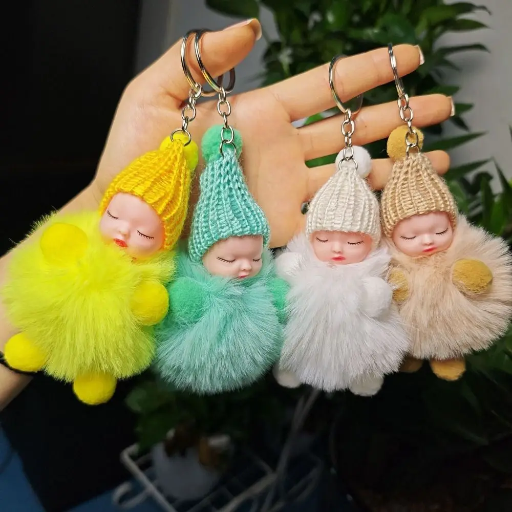 Knitted Hat Pompom Sleeping Baby Keychain Lovely Cute Sleeping Baby Key Chain Soft Fluffy Sleep Baby Pompom Keyring Girls Gift