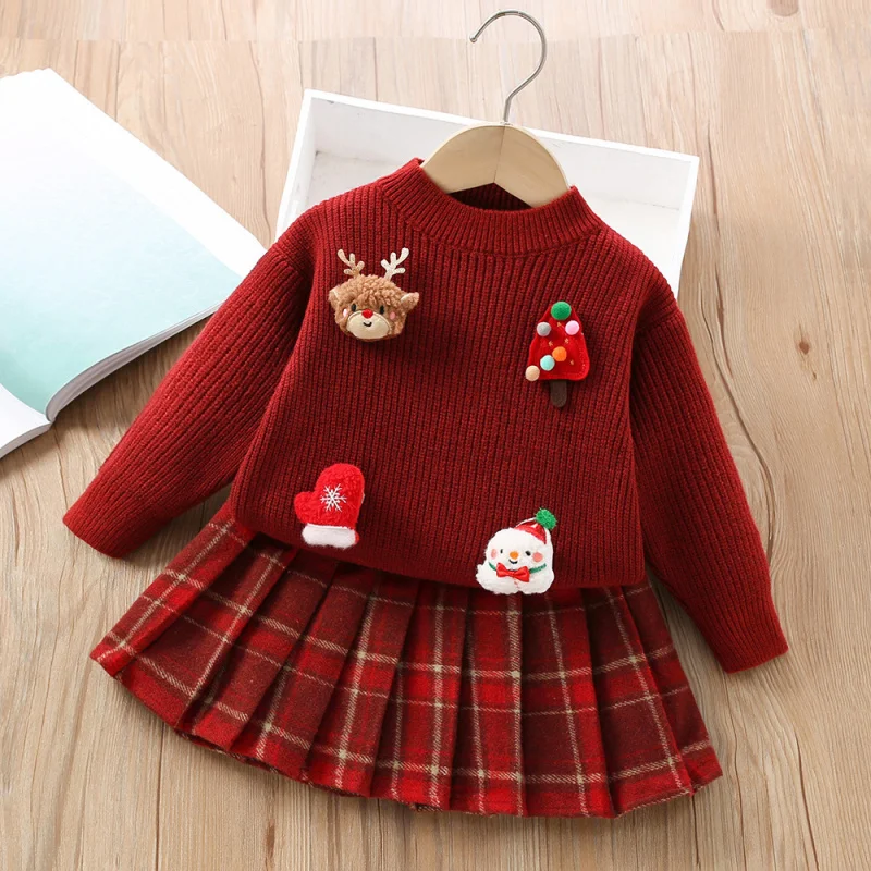 

Girls Sweater Set Autumn and Winter New Cute Cartoon Christmas Red Pullover Knitted Sweater Plaid Short Skirt Two-piece Set
