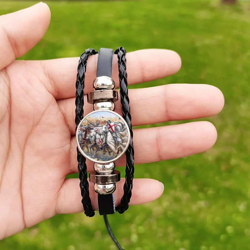 Hot Knights Templar Cross Bracelet for Men Unisex Masonic Symbol Glass Custom Pattern Woven Leather Bracelets Bangle