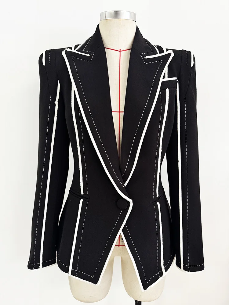 HIGH QUALITY Newest 2026 Designer Runway Jacket Women's Notched Collar Single Button Contrast Stitch Elegant Slim Fitting Blazer
