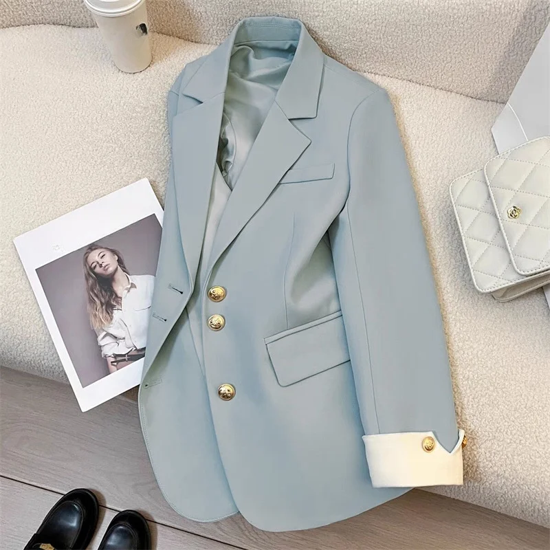 Blazer Block Color Suit Metal Jacket Hepburn Style Coat Women Clothing Autumn Elegant Casual All-match French 2024 Lady Trend