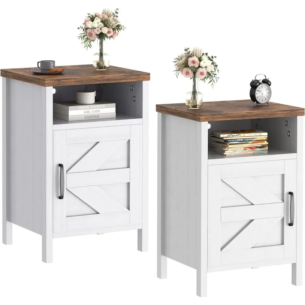 

Farmhouse Nightstand, Modern Bedside Table Set of 2 with Barn Door and Shelf, Rustic End Table Side Table for Bedroom