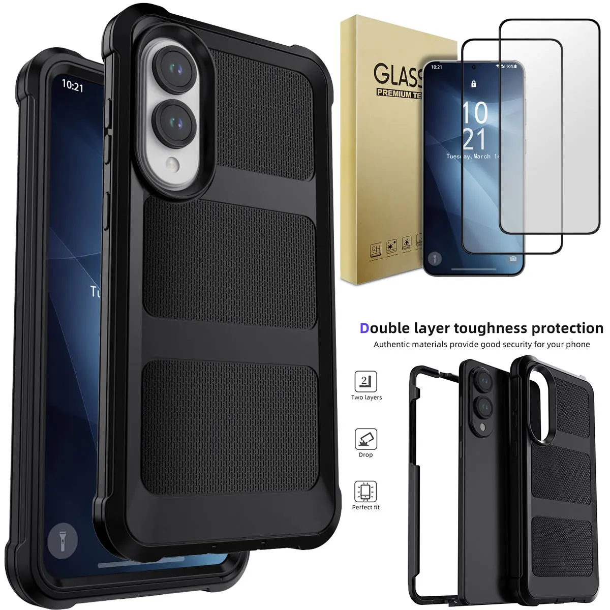 

Black For Samsung Galaxy S25 Edge Case Rugged Cover And 2pcs Full Coverage Tempered Glass Screen Protectors Case Friendly Clear