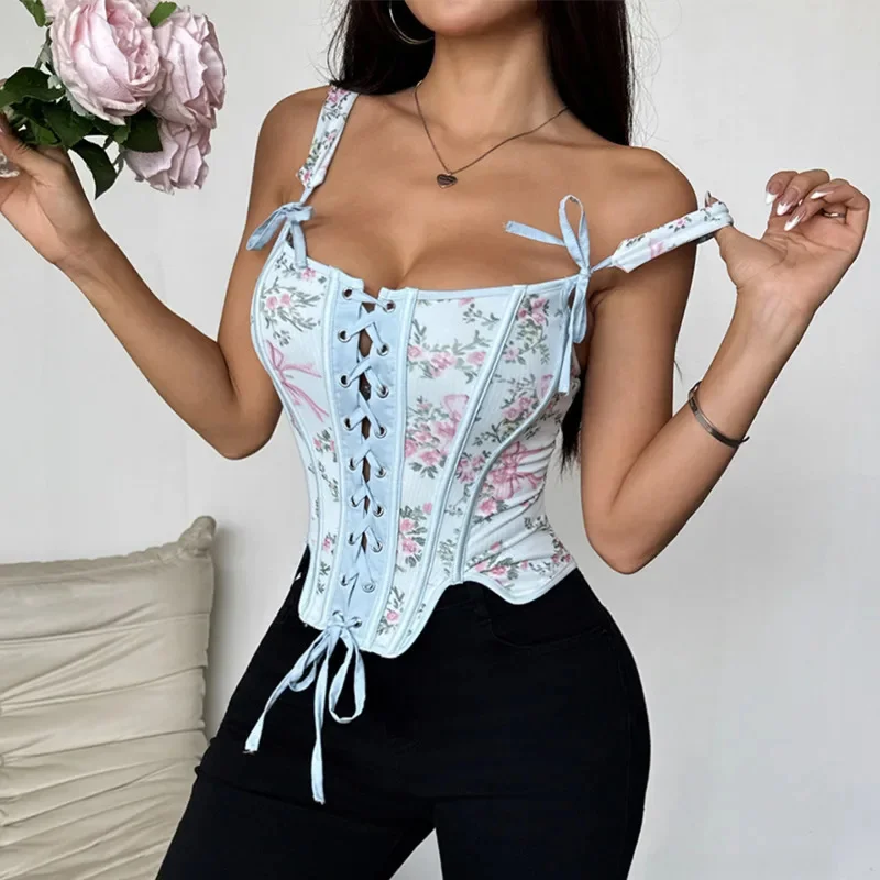 

Fish Bone Tops&Tees Bow Printed European And American Ins Elegant Rural Girl Flower Hollow Strap Cross Tie Bow Tank Top Tee New