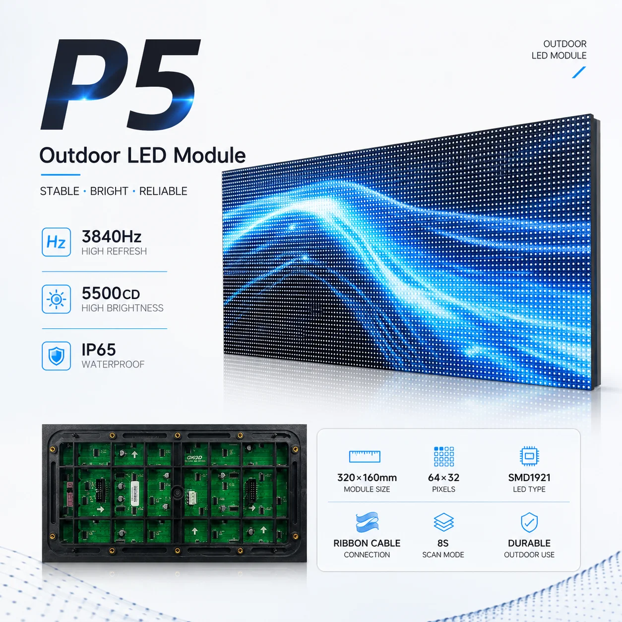 Outdoor P5 Full Color LED Display Module SMD RGB 3 in 1 64*32 Pixel 1/8 Scan 320x160mm P5 LED Panel LED Video Wall