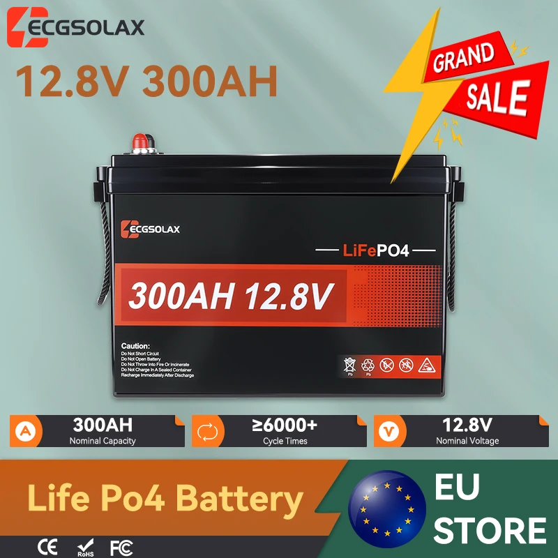 ECGSOLAX 300Ah 12.8V LiFePO4 Lithium Battery with 300A BMS Low Temp Cutoff for Home Energy Storage RV Solar Off-grid Camping