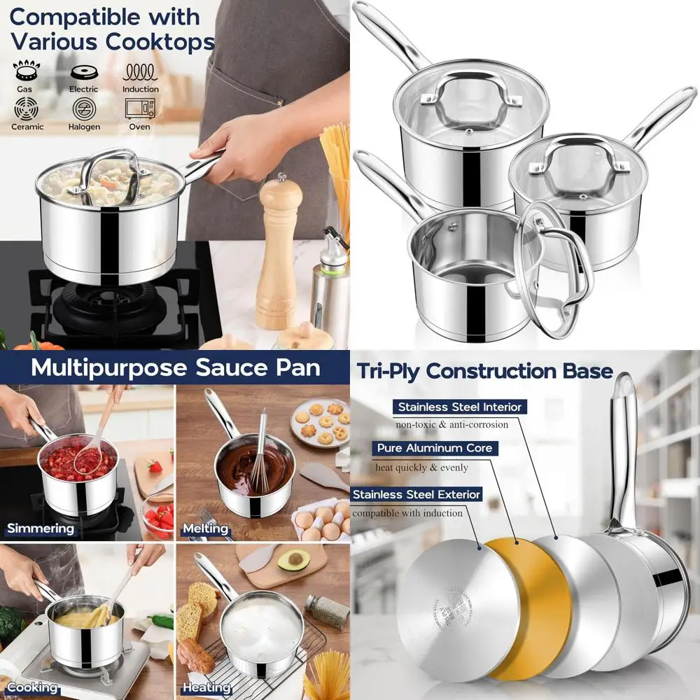 

Multi-Purpose Stainless Steel Saucepans, 1-3 Quart Sets, Induction Compatible, Oven & Dishwasher Safe, Non-Toxic for Home Kitche