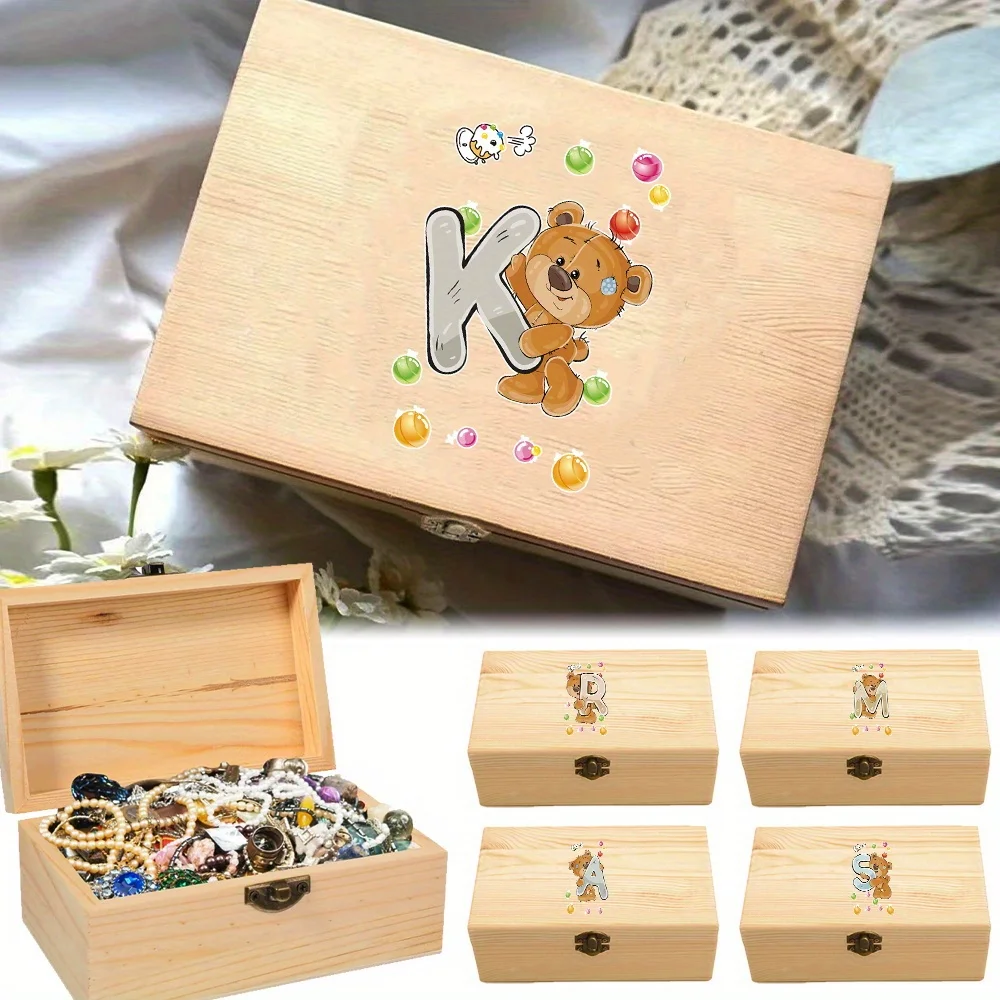 

Retro Wooden Key Lock Storage Box Product Display Box Cover Desktop Decoration Item Valentine Day Gift Cute Bear Letter Pattern