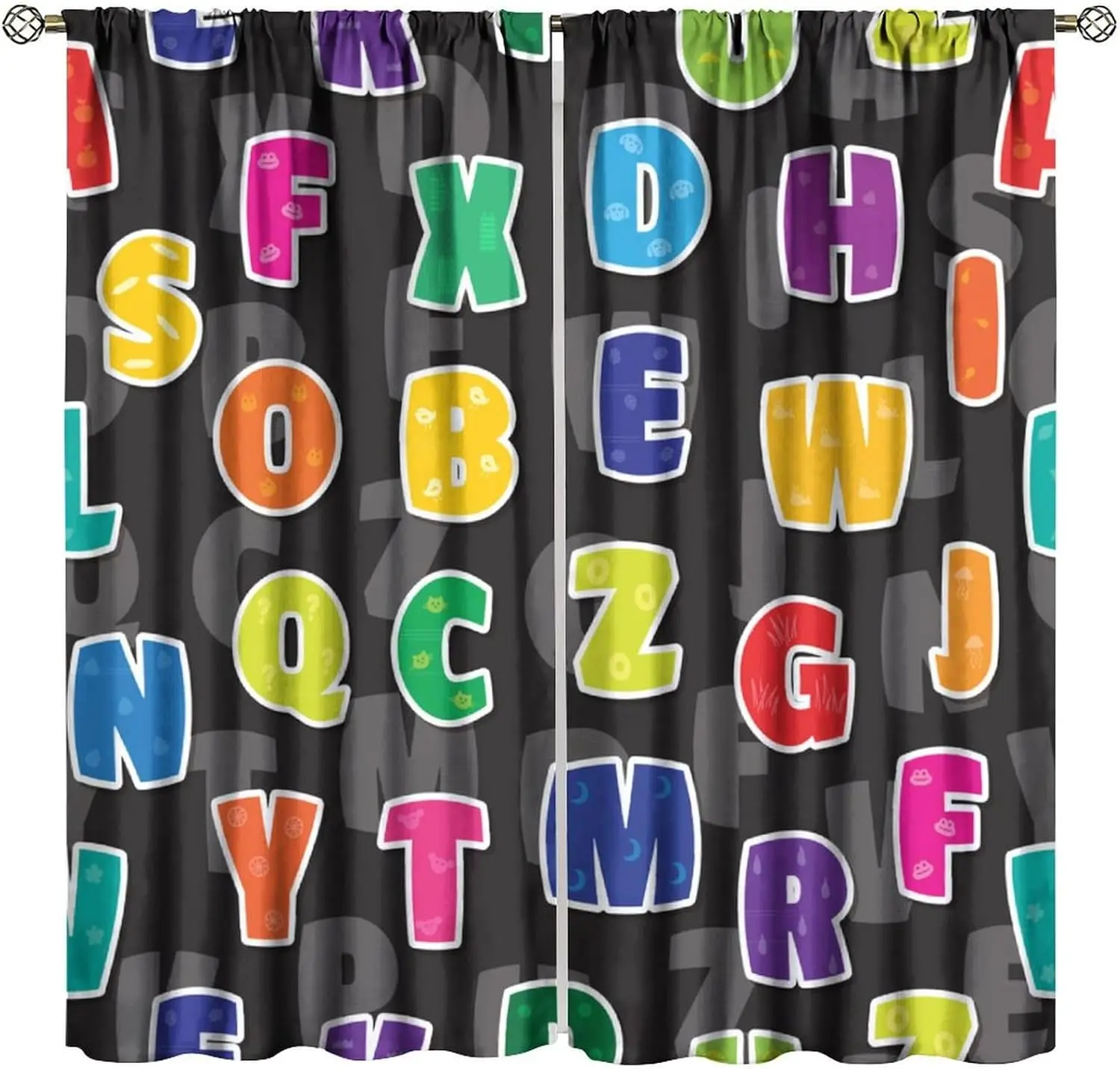 Kids ABC Alphabet Curtains Hand Drawn Colorful 3D Style ABC Letters with Kids Patterns Blackout Window Drapes for Bedroom Living