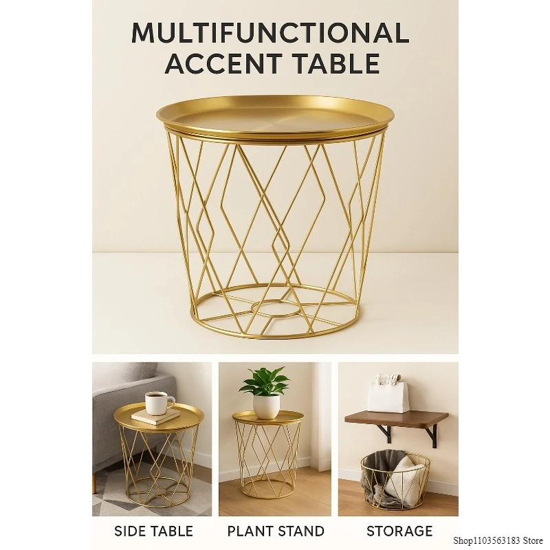 

Gold Metal Basket Side Table with Removable Tray Modern Round Coffee Table Multifunctional Clothing Organizer Bedroom End Table