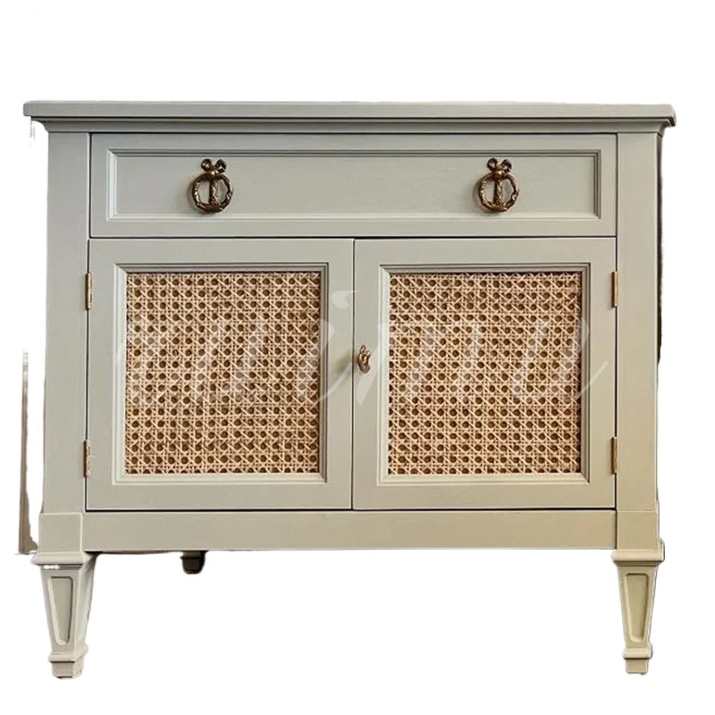 French contrasting bedside table villa bedroom bedside solid wood small cabinet household rattan storage