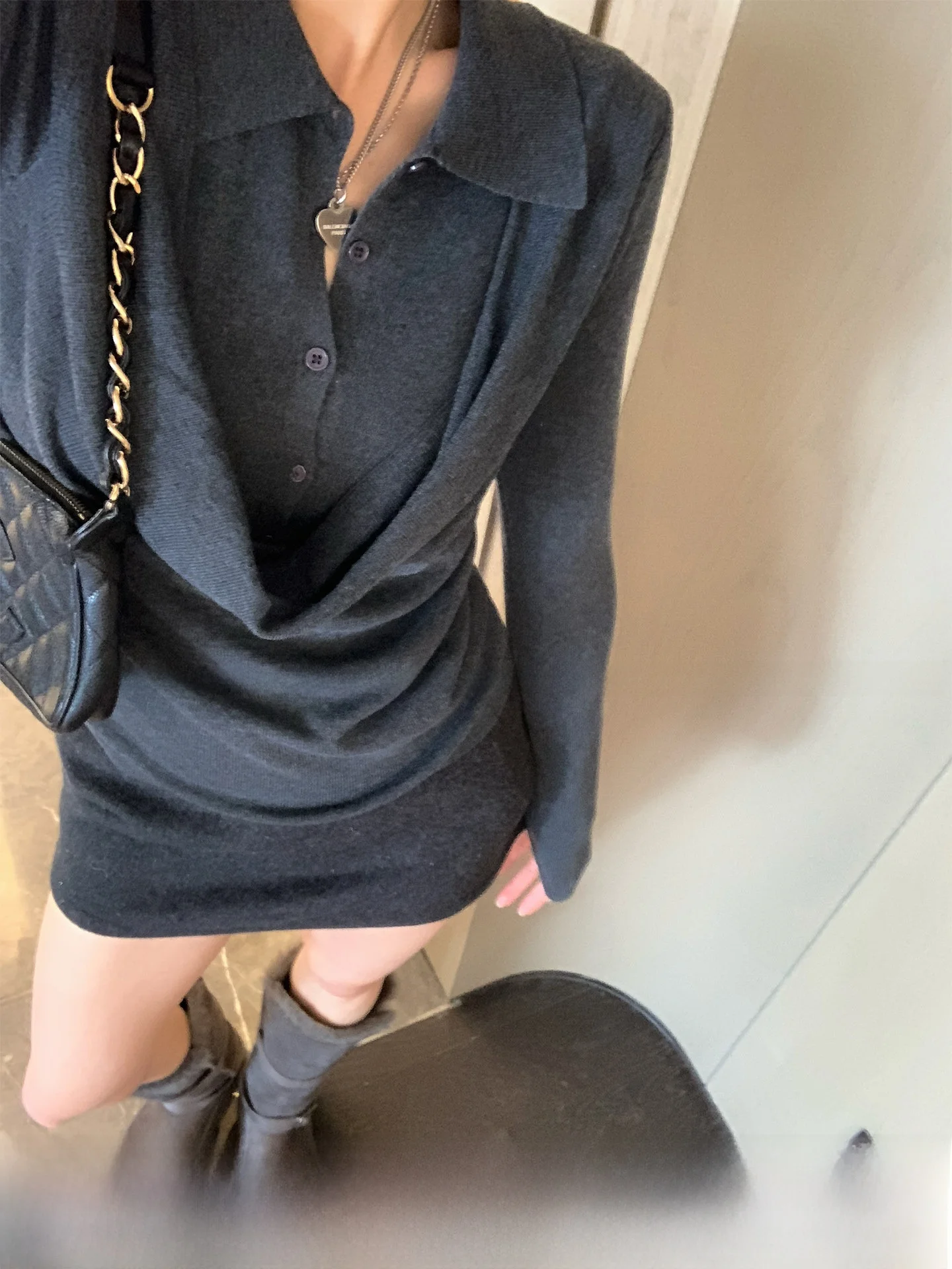 

GV Big Brother Wool Knitted Shirt Fake Two-Piece Waist-Cinching Spring New Style Versatile Long Sleeve Short Coat for Women