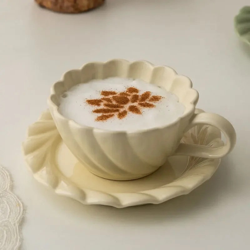 Korean INS-Style Ruffled Afternoon Tea Cup & Saucer Set - High-Value Ceramic Mug for Breakfast, Coffee & Milk