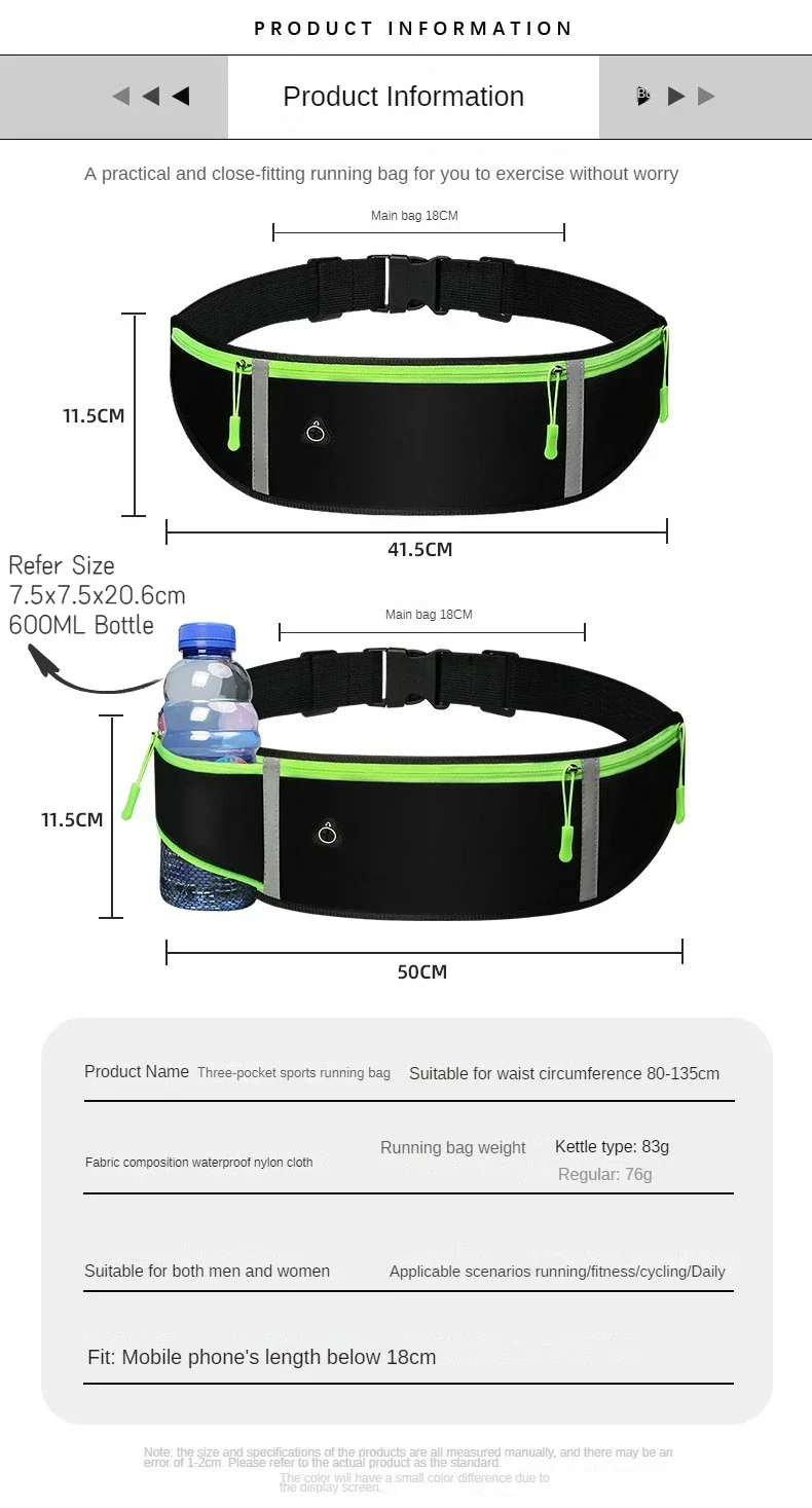 Sports Running Waist Bag Pouch Mobile Cell Phone Pocket Waterproof Invisible Belt Zipper Bag for Men Women Outdoors Gym