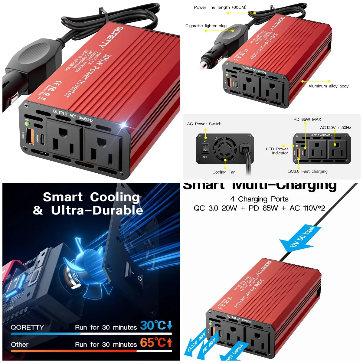 

300W Car Power Inverter 12V to 110V, Dual AC & USB PD 65W Fast Charging for Laptop, Phone, Tablet