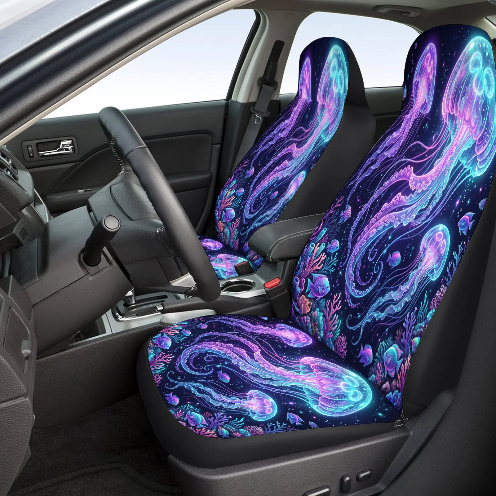 Neon Jellyfish Themed Car Seat Cover Set For Most Cars Trucks, Trendy Breathable Car Seat Protector Covers Full Set, Universal C