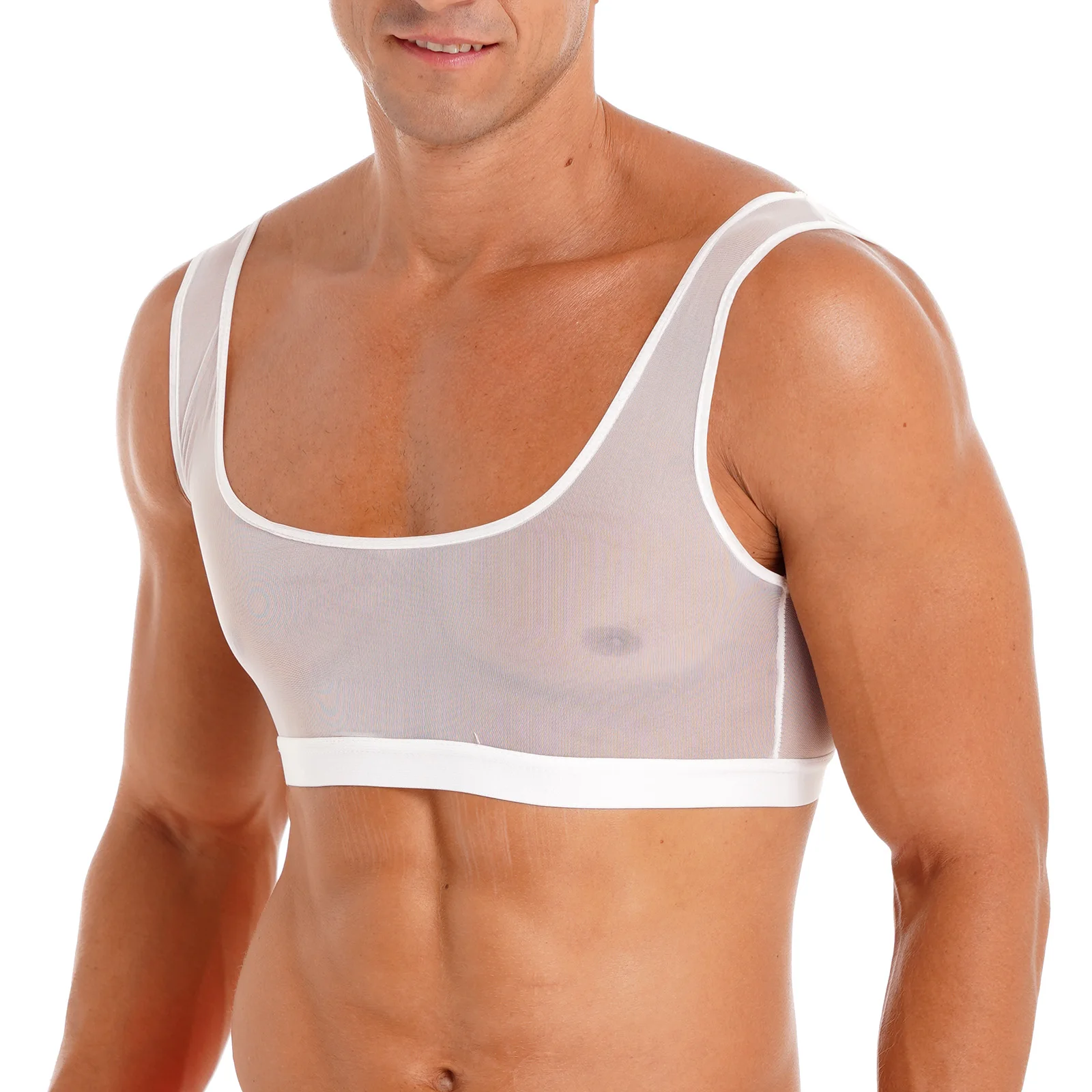 Men Sexy See-through Mesh Crop Tank Tops Sleeveless Sport Workout Fitness Vest Bodybuilding Undershirt Sportswear Nightwear