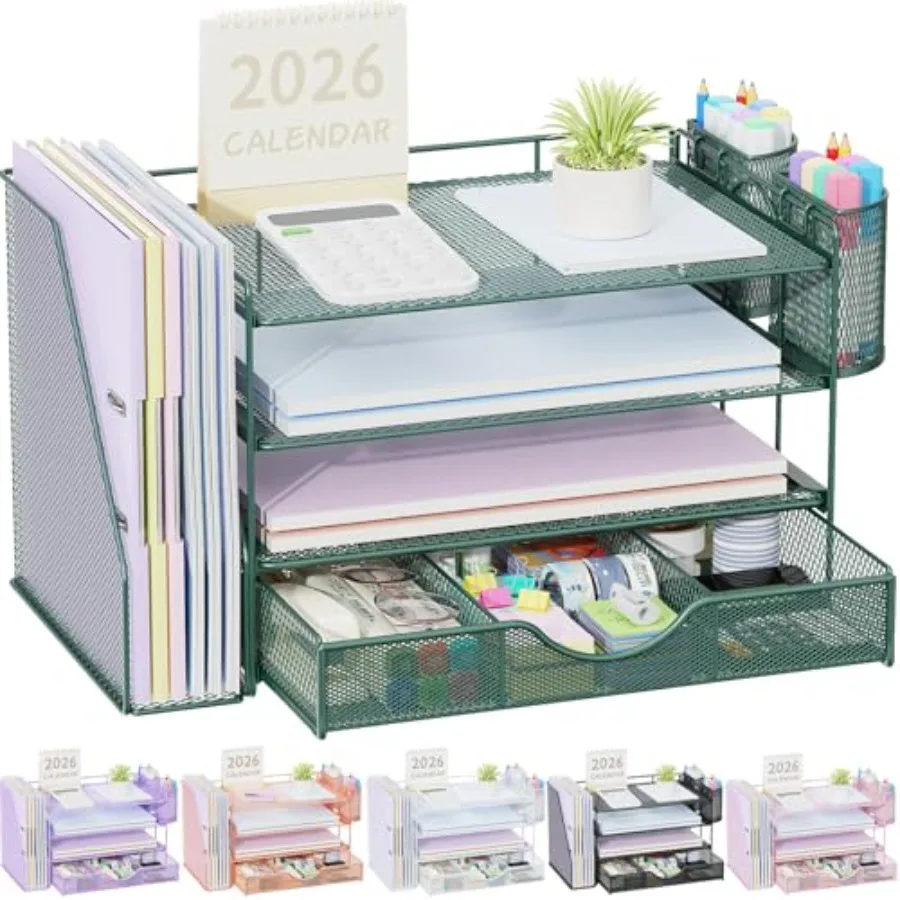 

4-Tier Desk Organizer with Drawers File Holders Letter Trays and Pen Holders - Workspace Accessories for Office Supplies Green