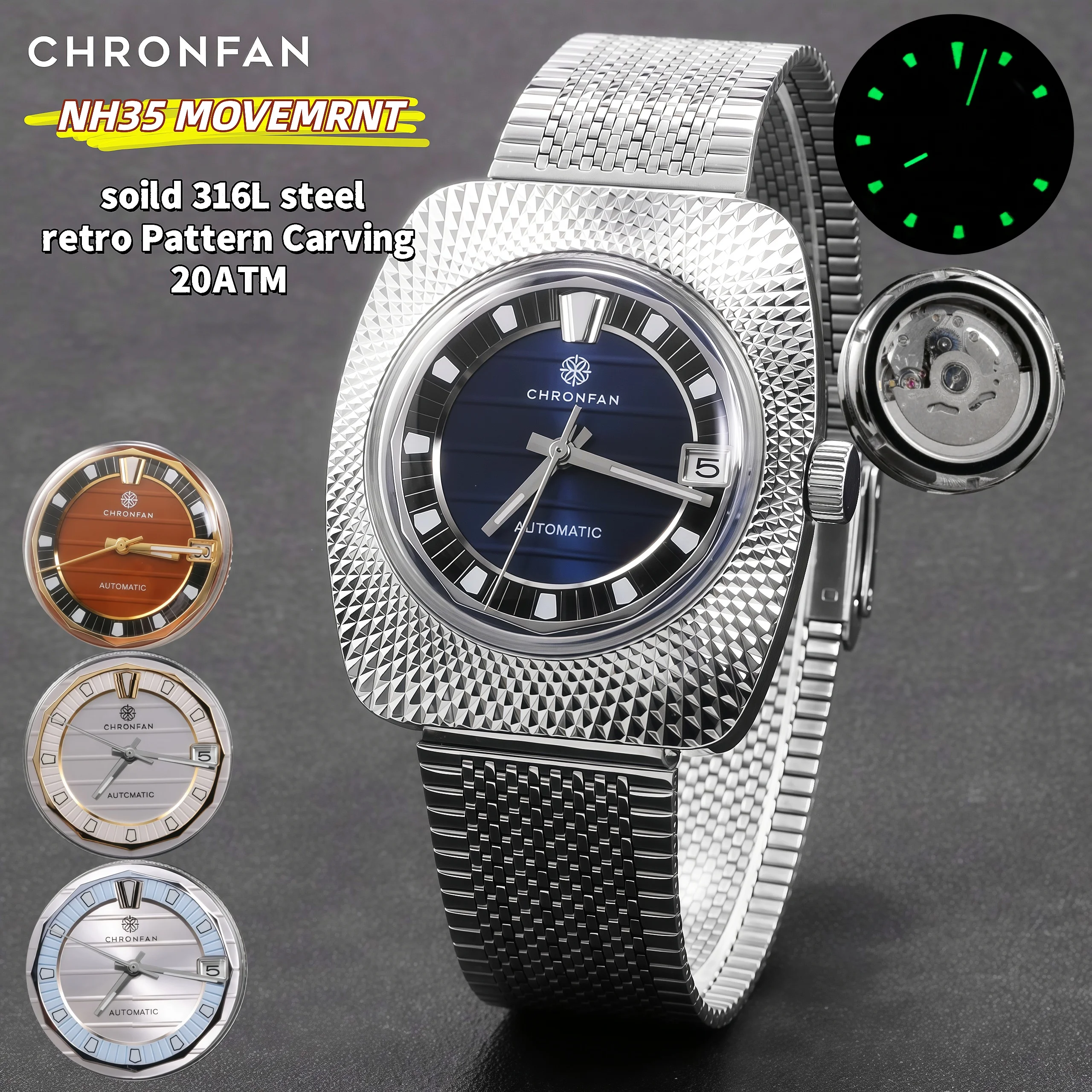 Classic Men's Mechanical Watch with Japanese NH35 Movement Double Domed Glass Pattern Carving C3 Green lume Sapphire Crystal