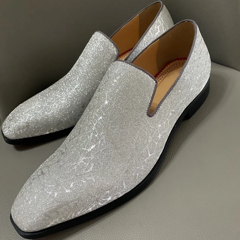 

Silver Men Sequin Shoes Bling Glitter Loafers Men Dress Shoes Handcrafted Casual Shoes Men's Party Wedding Shoes