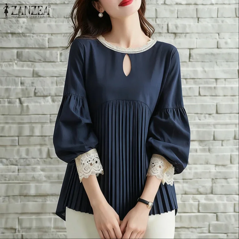 

2026 ZANZEA Fashion Blouse Women Lace Patchwork Casual Shirts O-Neck Loose Tunic Tops Spring Summer 3/4 Lantern Sleeve Blusas