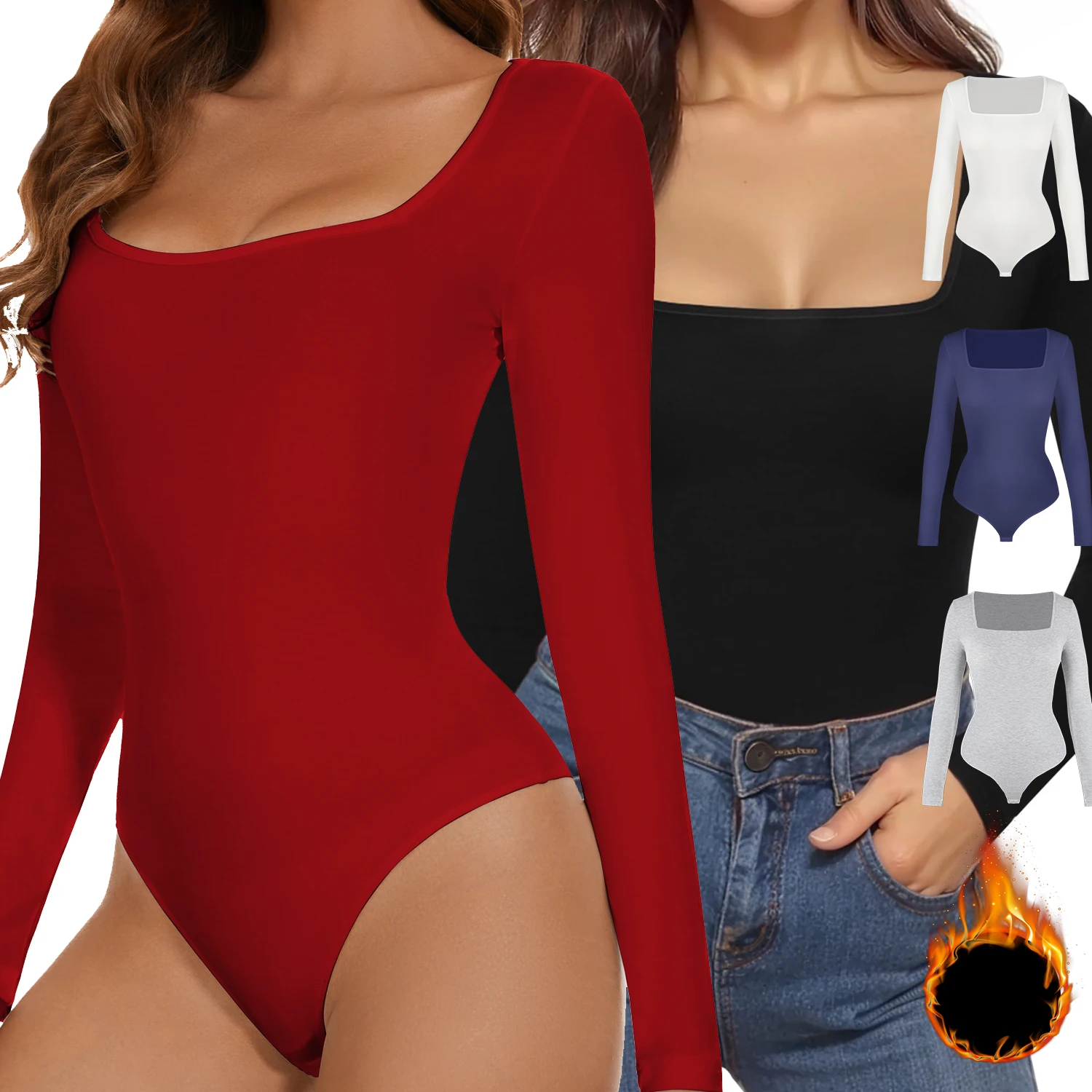 

Women's Square Neck Bodysuit Long Sleeved Shapewear Tummy Control Body Shaper Lady Streetwear Female Warm Clothing Autumn Winter