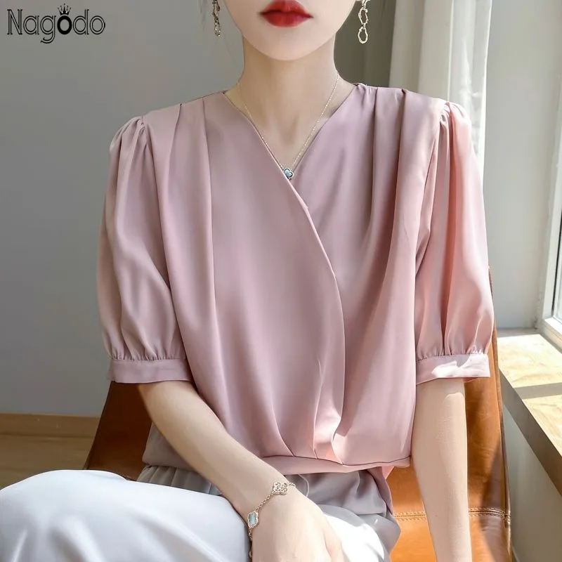 

Summer High-quality Women's Ice Silk Satin Shirt Pleated Short Sleeve T-shirt Irregular Crossover Collar Blouse V Neck Tee Top