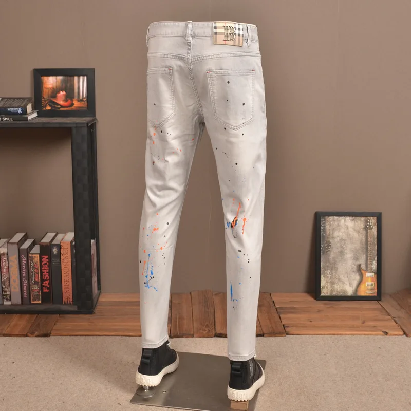 Summer Thin Light Gray Ripped Jeans for Boys Slim Fit Stretch Washed Distressed Paint Design Trousers
