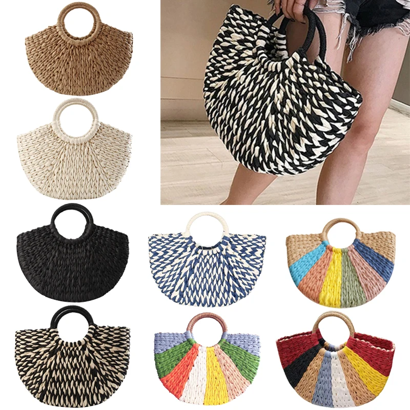 

Летняя Плетеная соломенная сумка ручной работы для женщин, Пляжная Сумочка в форме полумесяца с верхней ручкой, тоут