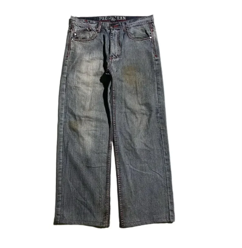 Y2k Gothic Heavy Industry Pocket Skull Embroidery Mid Rise Womens Harajuku Streetwear Punk Casual Wide Leg Washed Jeans w48