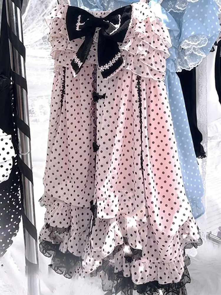 Japnese Kawaii Lolita Strap Mini Dress Pink Dot Print Velvet Bow Tiered Ruffle Black Lace Hem Daily Streetwear Outfit Women 2026 view 3