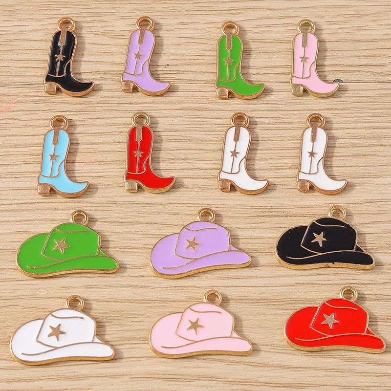 10 sztuk śliczne emaliowane kowbojskie buty kapelusz Charms wisiorki do tworzenia biżuterii DIY spadek kolczyki naszyjnik bransoletki rękodzieło prezenty