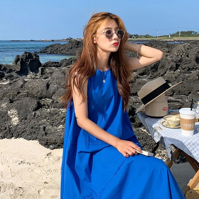 الصيف شاطئ فستان ماكسي المرأة الأزرق الأحمر بوهو فستان طويل الكشكشة عادية س الرقبة مثير فستان الحفلات رداء زائد sie فستان من القطن
