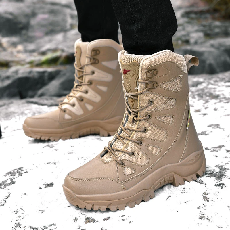 

Men Motorcycle Tactical Boots Lace Up Army Desert Comfortable Climbing Hiking Shoes Unisex Anti-Slip Hunting Boots High Quality