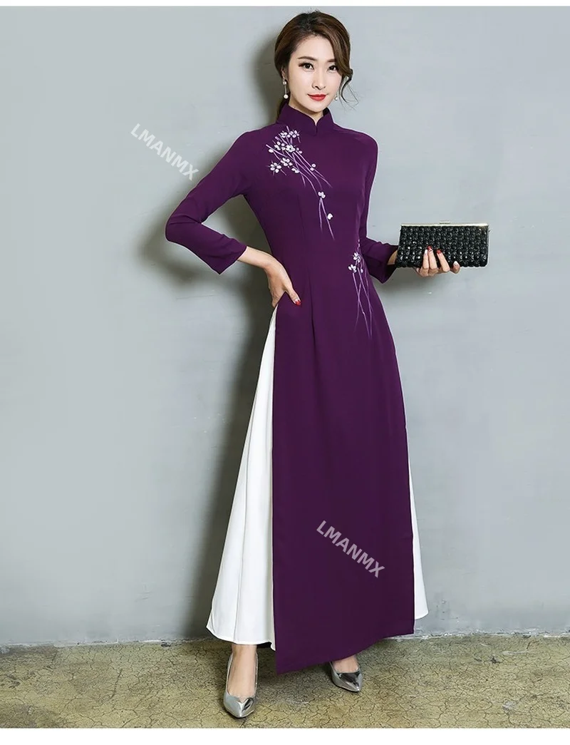 

Vietnam Ao Dai Patchwork Tight Dress for Woman Chinese Traditional Costumes Qipao Cheongsams Flower Female Oriental Outfits