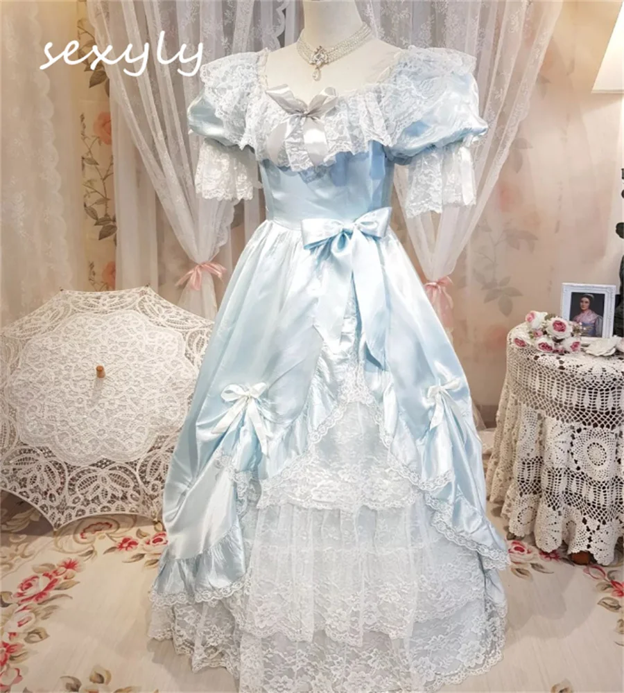 Vestido de novia azul victoriano para bebé, traje de encaje de manga corta, estilo renacentista, Medieval, Retro, gótico, rosa, 2023