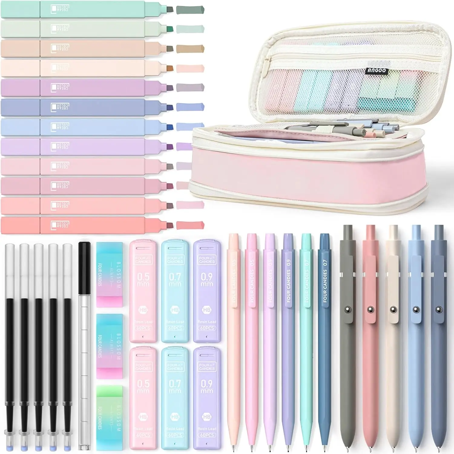 

39-Piece Pastel School Supply Set with Pen Case, Highlighters, Gel Pens & Mechanical Pencils for Students (Pink)
