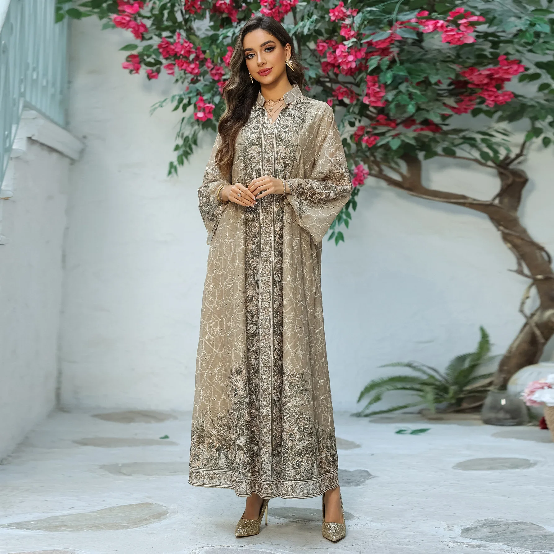 Gedrukt lang gewaad Damesmode Midden-Oosten Moslimvrouwen Etnische stijl geborduurde jurk Jalabiya Abaya