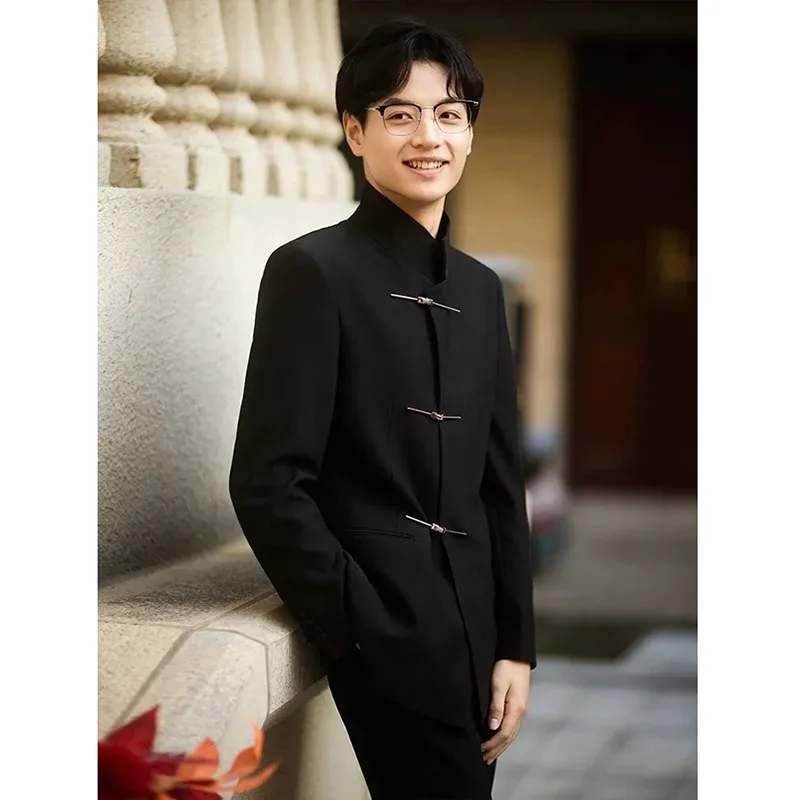 New Chinese style H1107 Zhongshan suit men's handsome suit black stand collar high-end wedding engagement wear suit