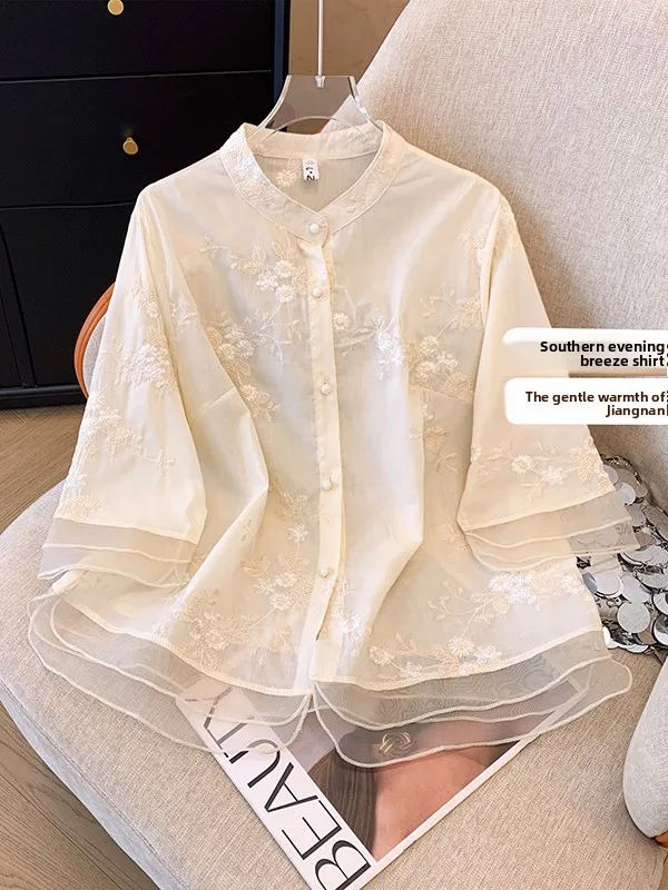

Retro Chinese Sle Embroidered irt Large Size Top with Bules Splicing Euro Organza New Sle Commuter Faion Summer Clo...