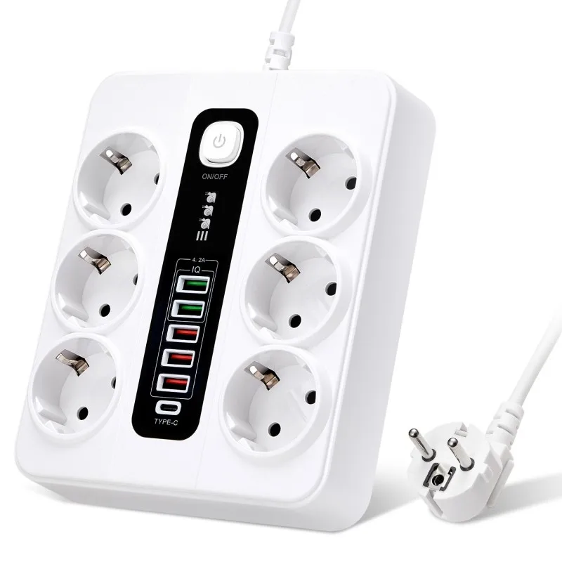 Extension Socket With Safety Switch Power Strip For Office Home EU Plug 3000W 2M Cable Overload Protection USB Type C Ports view 2