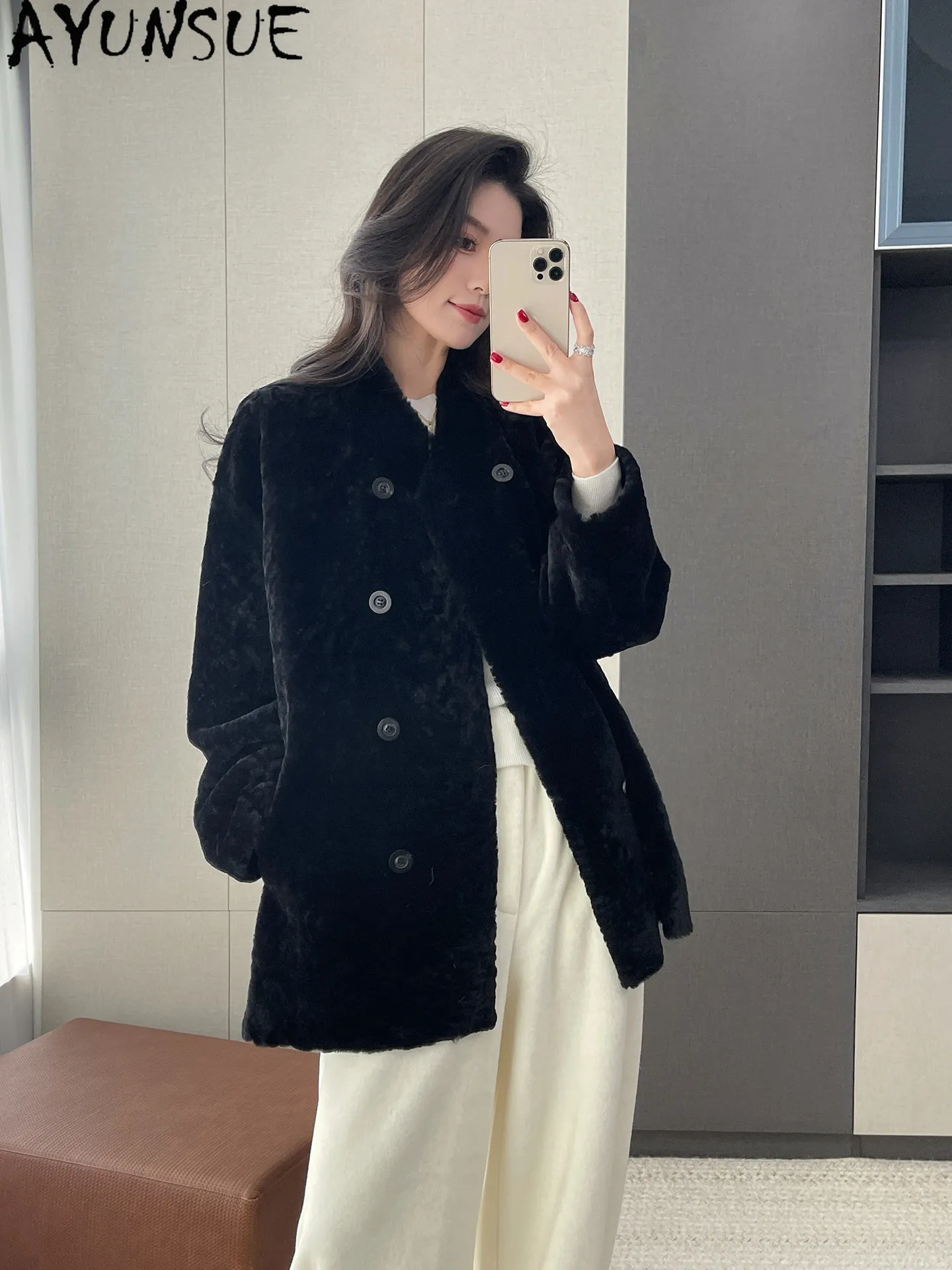 AYUNSUE Natural Merino Sheepskin Fur Coat Women Winter Clothing Lamb Wool Real Fur Jacket Woman Soft Fashion Loose Шуба Женская