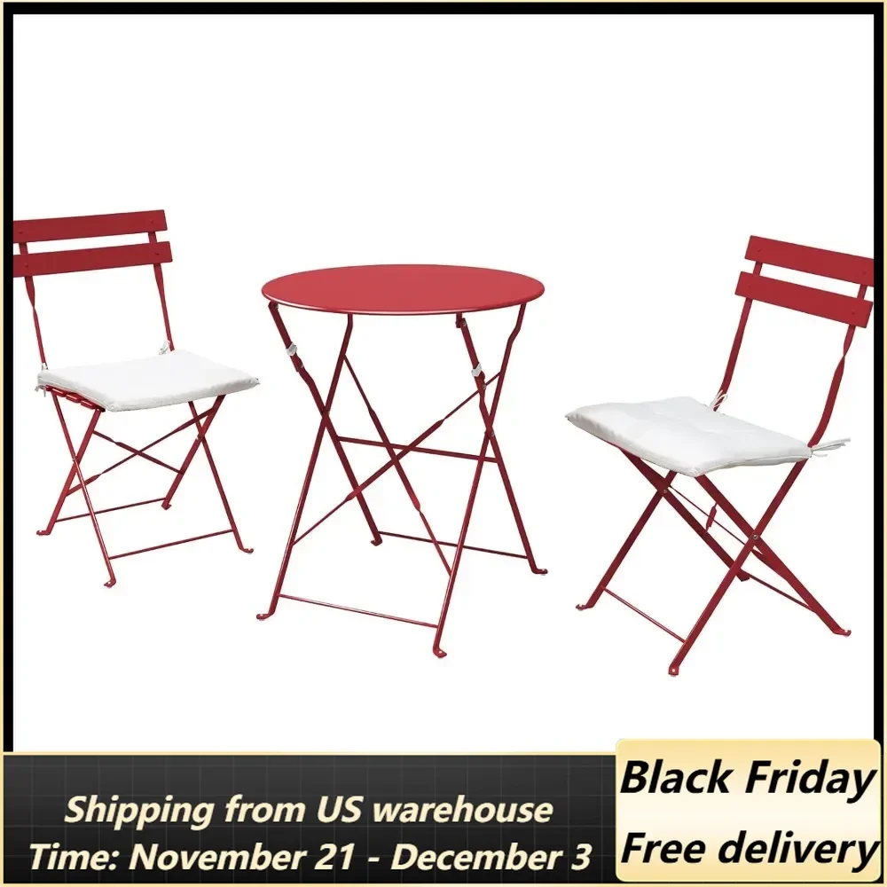 3-Piece Bistro Set Folding Outdoor Furniture Sets with Premium Frame Portable Design for Bistro & Balcony(Red with Cushion)