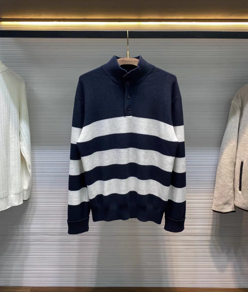 

Loose Fit Men's Knitwear Cotton 00 f Open Plaet Stand Collar Striped Sweater Comfortable Breathable Casual Sle