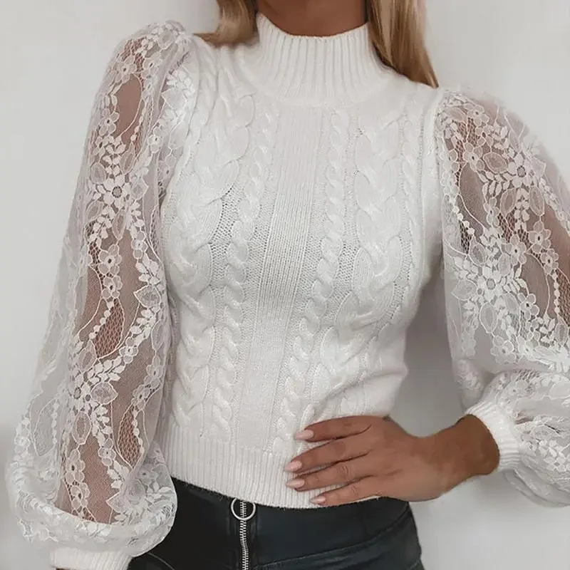 Suéter de punto de manga larga con encaje de costura blanca para mujer, suéter elegante de cuello alto, suéteres holgados informales de gran tamaño, Color sólido, nueva moda