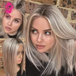 Seidige Gerade Spitze Frontal Perücke Verkauf 13x4 Asche Blonde Highlights Licht Grau Menschliches Haar Perücken Für Frauen Kurze bob Frontal Perücke