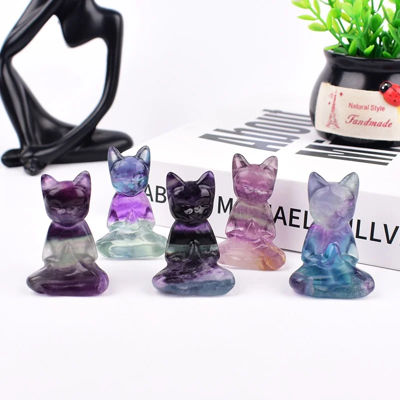 Natural Crystal Colored Fluorite Ninja Cat Decoration Reiki Healing Mineral Specimen Stone Crafts Home Decor Collectible Gift