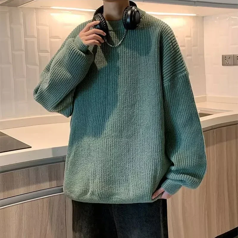Sweater rajut pria, atasan Pullover lengan panjang leher bulat, rajut longgar kasual Mode Korea, Sweater rajut warna polos untuk musim gugur dan musim dingin