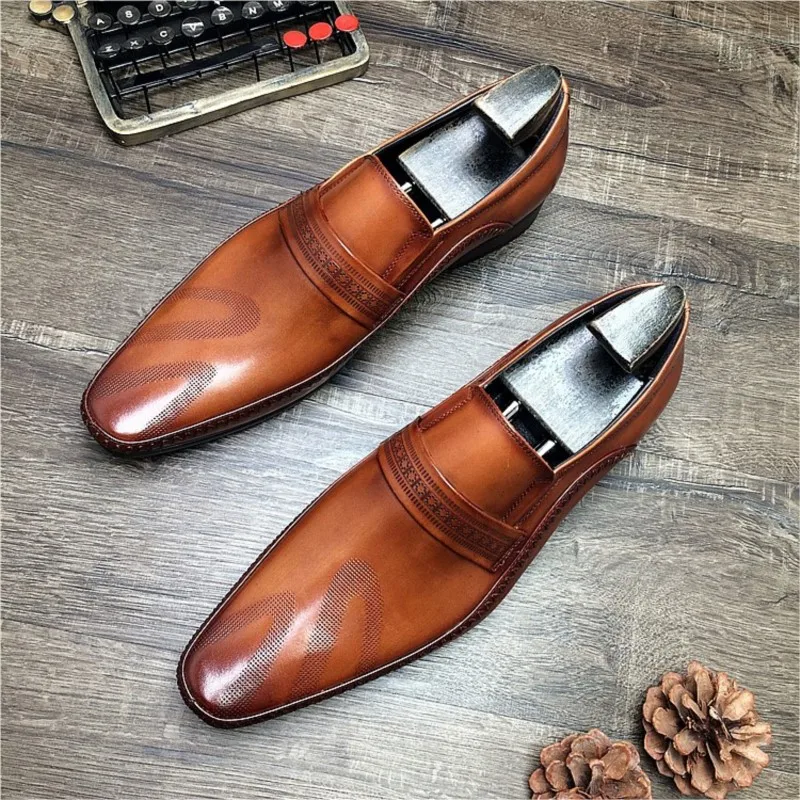 HKDQ Black Wingtip Men Oxford Shoe High Quality Men Loafers Shoes Genuine Leather Handmade Formal Wedding Slip On Dress Shoes