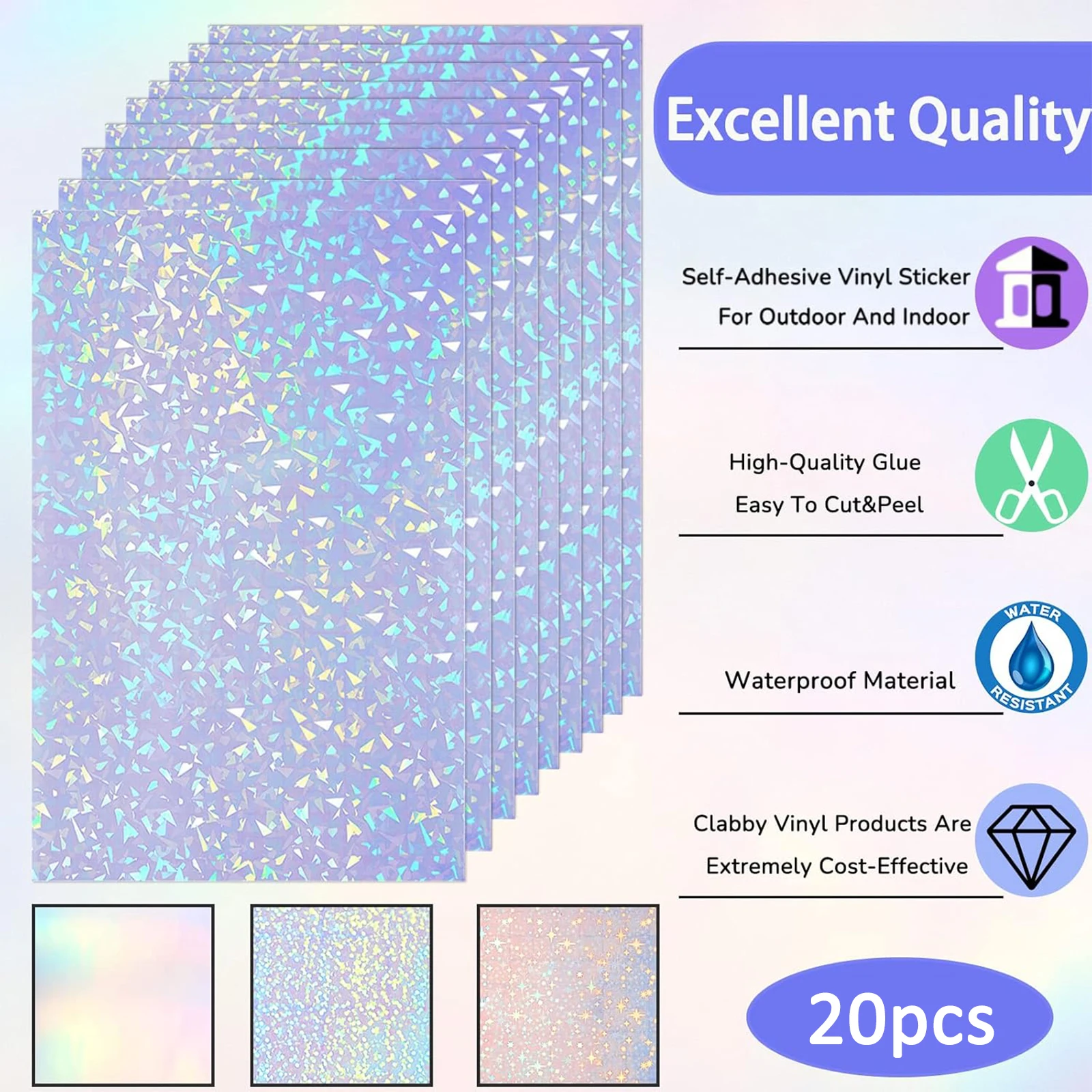 A4 20 Sheets -4 Styles Holographic Cold Laminating Film Clear Self-Adhesive Vinyl Sticker 8.3x11.7 In Waterproof Laminate Sheets